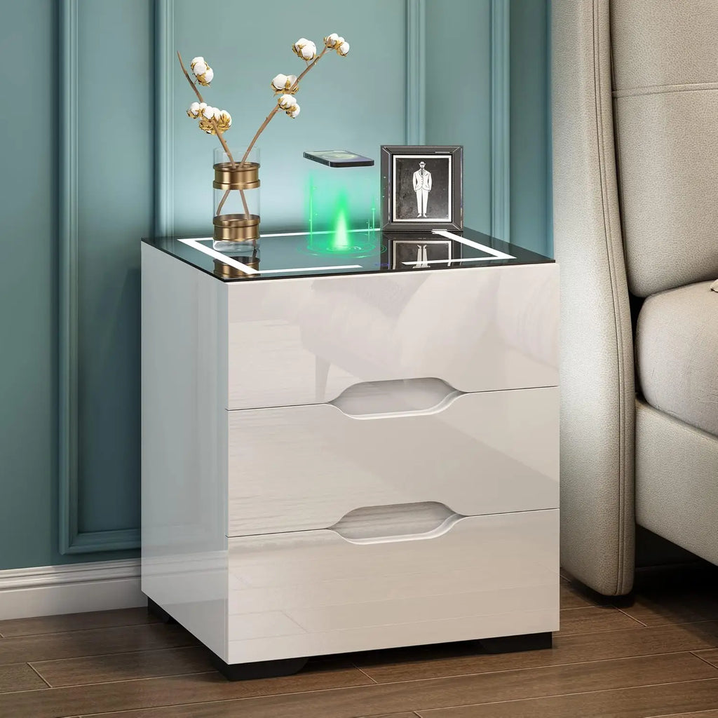 White Smart Nightstand with Wireless Charging Station & Adjustable LED Lights, High Gloss End Table with 3 Drawers & USB Chargin