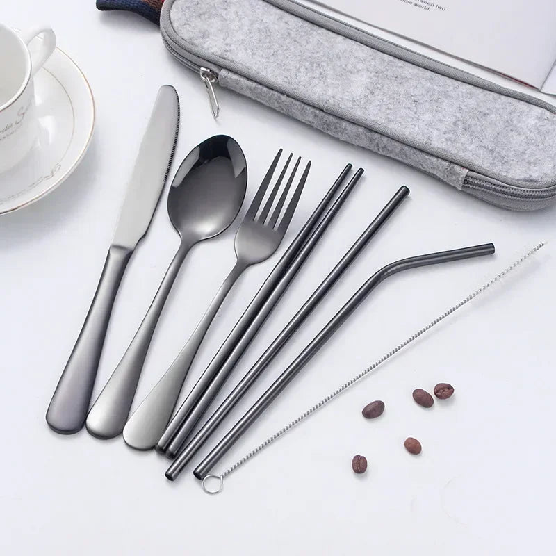 8 Pieces Cutlery Set, Stainless Steel Western Tableware, Classic Dinner Set, Knife, Fork, Straw, Restaurant Dining Dinnerware