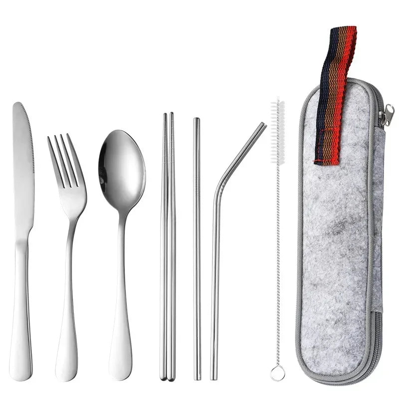 8 Pieces Cutlery Set, Stainless Steel Western Tableware, Classic Dinner Set, Knife, Fork, Straw, Restaurant Dining Dinnerware