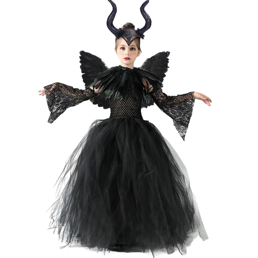 Carnival Costume Maleficent Tutu Girls Cosplay Evil Queen Black Mesh Princess Dress Children's Raven Wand Demonic Witch Dress