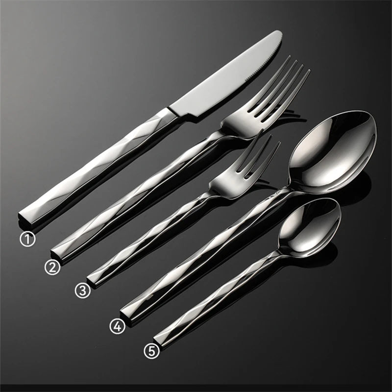 Diamond Pattern Stainless Steel Dinner Set Square Handle Cutlery Simple Fork Knife Spoon Teafork Dinning Tables Sets 2024