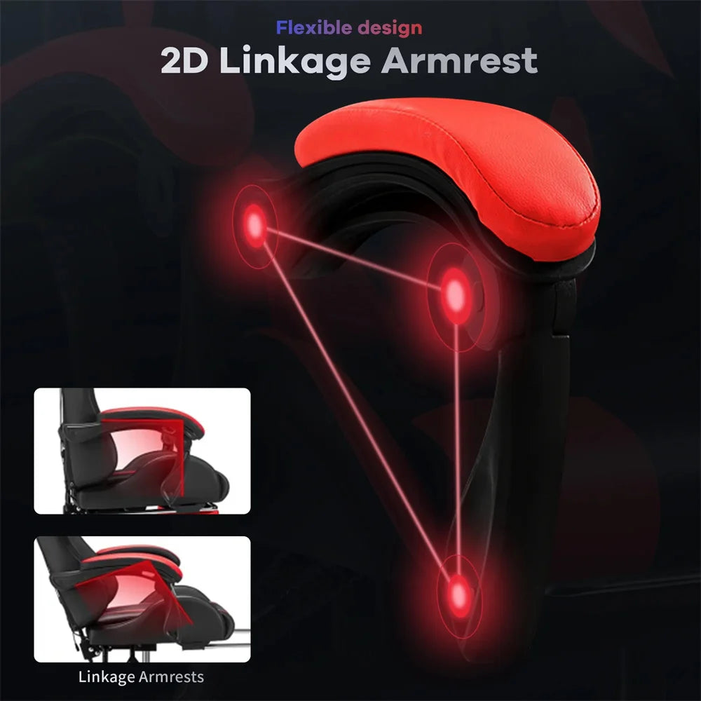 Ergonomic Gaming Chair, Gaming Chair with Speaker & LED Lights, Computer Racing Chair for Adults, PU Leather Office Chair, Red