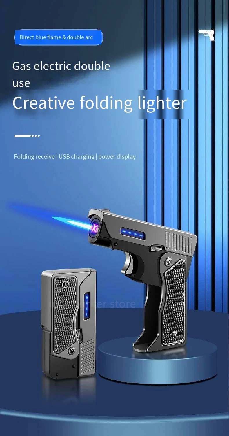 Gas-Electric Dual-Purpose Lighter Windproof Jet Lighter Double-Arc Cigarette Lighter Foldable Gun-Type Lighter Men'S Gadget Gift