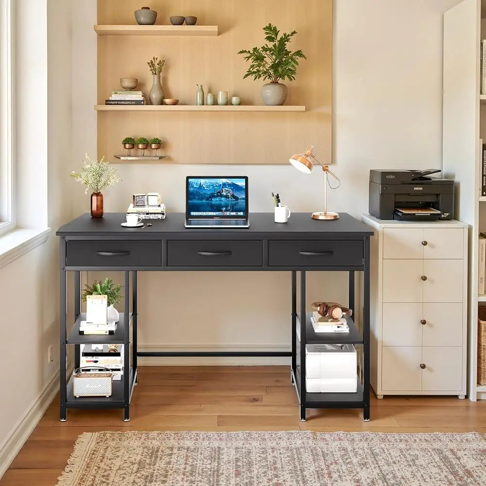 47-Inch Computer Desk With 3 Drawers, Small Home Office Desk With Storage Shelves And Sturdy Metal Frame, Black