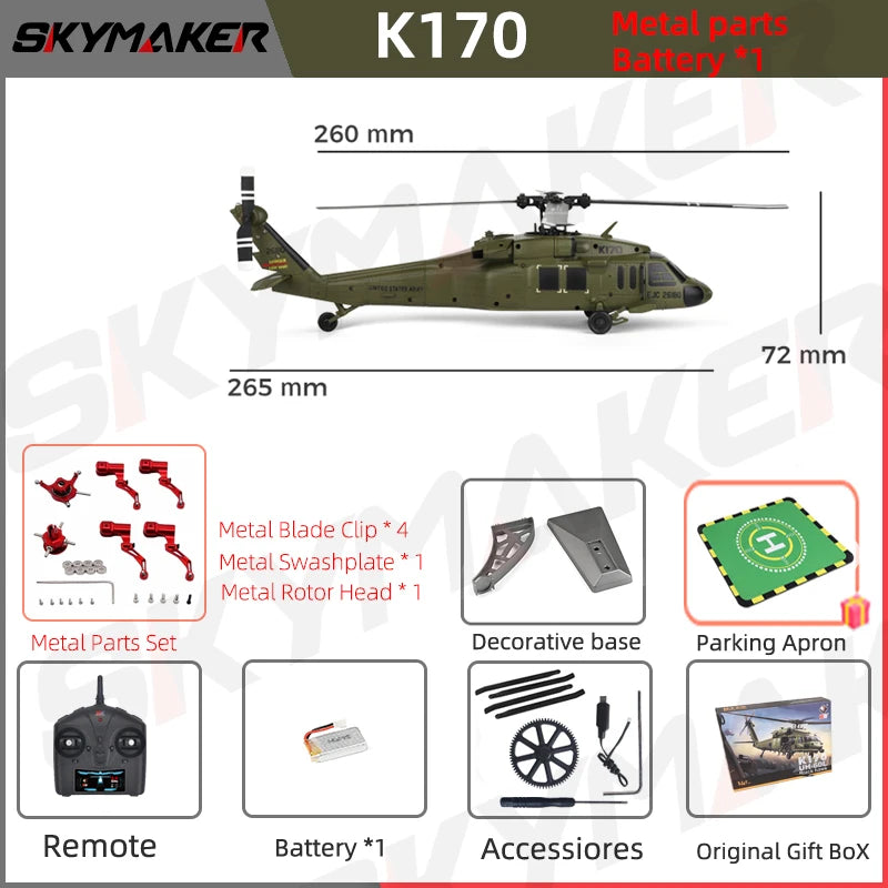 WLtoys RC Helicopters Brushless Motor k170 UH-60L 2.4Ghz 4CH 6-Aixs Gyroscope Single Blade Propellor Gyro Rc Toys for Children