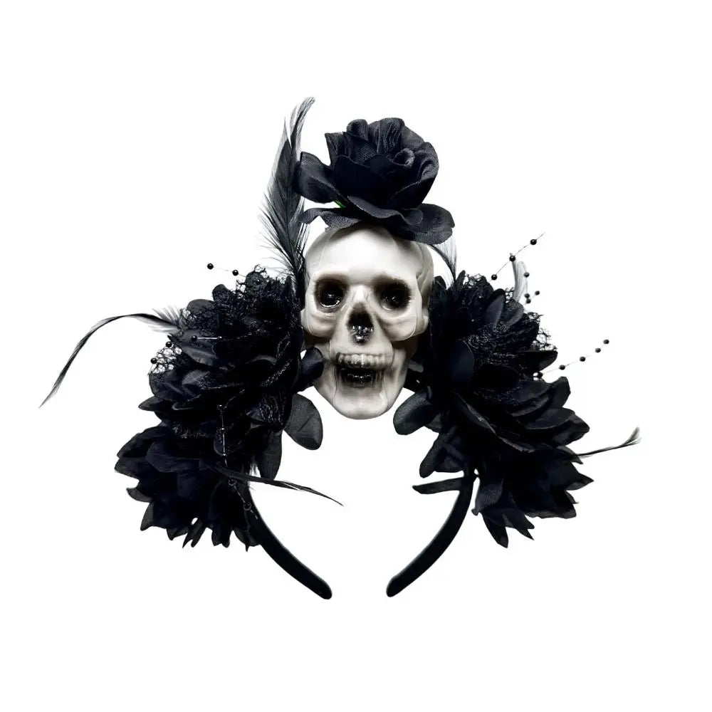 Dark Skull Head Headband Halloween Decor Bat Halloween Skull Headband Simulation Flowers Gothic Day of The Dead Headband Party