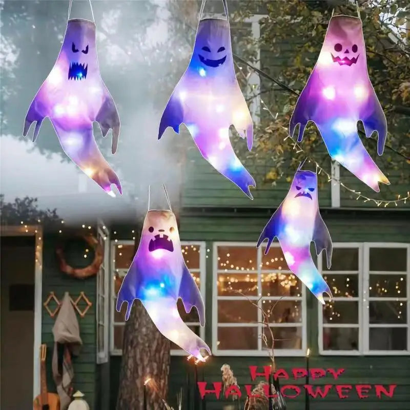 Halloween Ghost Hanging with LED Light Spooky Ghost Flag Indoor Outdoor Prop Decoration Tree Pendant Ornament Party DIY Supplies