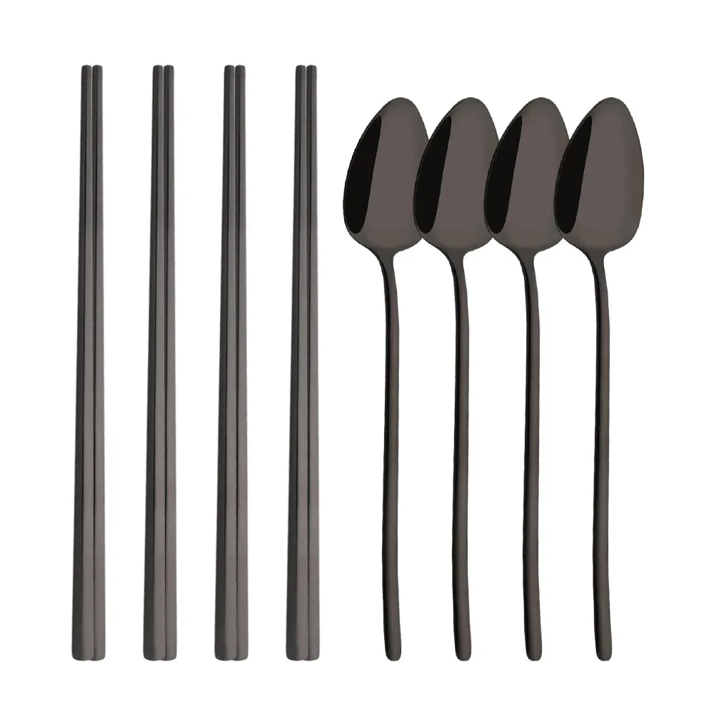 Korean 8Pcs Tableware Set High Quality Stainless Steel Dinner Set Black Gold Luxury Dinnerware Spoon Chopsticks Cutlery Set