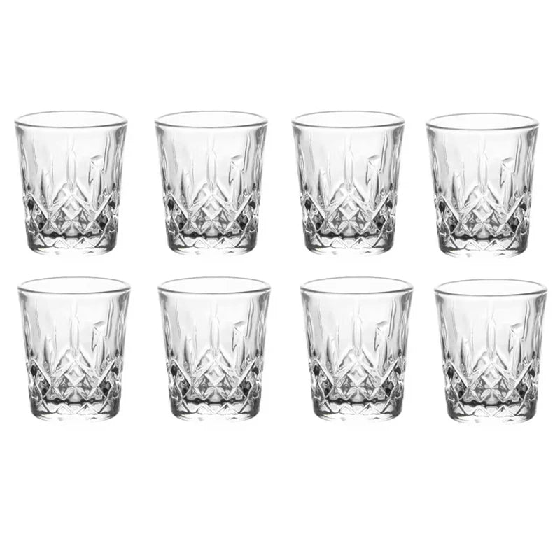 12pcs/8pcs/6pcs/4pcs/2pcs Embossed Glass 50ml Spirits Cups Engraved Tea Drinking Baijiu Cup Water Glass Small Capacity Wine Cup