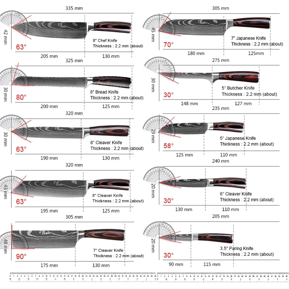 MDHAND 8pcs Kitchen Knife Damascus Stainless Steel Chef Knife Utility Paring Boning Cleaver Slicing Santoku Knives Nylon Bag