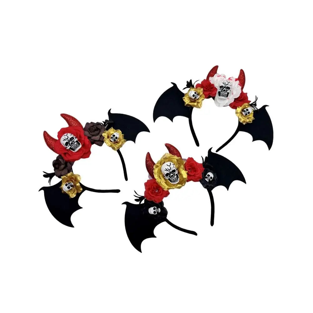 Gothic Skull Head Hair Hoop Simulation Flowers Bat Halloween Skull Headband Dark Decor Day of The Dead Hairband Girls/Children