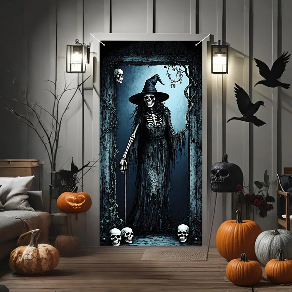 Halloween decoration party banner, terrifying skull Witch pattern polyester Halloween door hanging - Halloween party