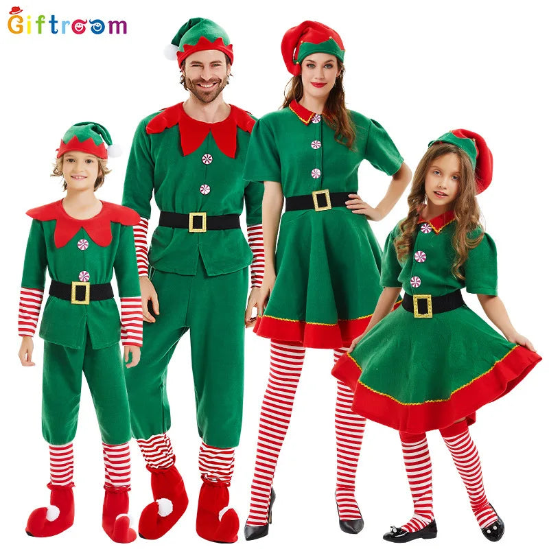 2025Children and adults Christmas elf costumes, Santa Claus costume sets, green elves, Halloween cosplay, 2024 new products