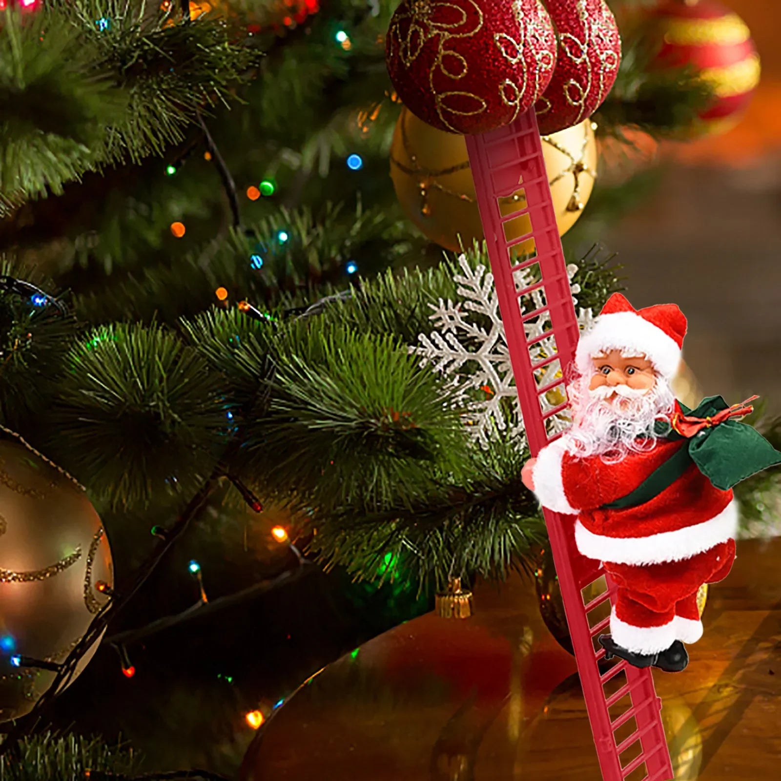 Electric Climbing Ladder Santa Claus with Music & LED Light, Xmas Tree Decorations Hanging Christmas Ornaments Tree Decor