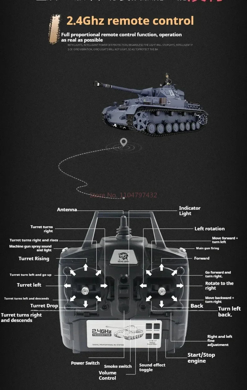 Henglong 3859 German IV F2 Electric Remote Control Tank Plays The Bullet And The Barrel Smokes The Military Model Toy.