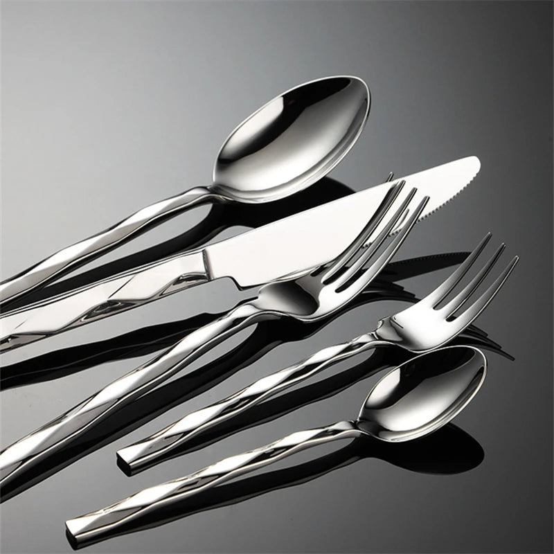 Diamond Pattern Stainless Steel Dinner Set Square Handle Cutlery Simple Fork Knife Spoon Teafork Dinning Tables Sets 2024