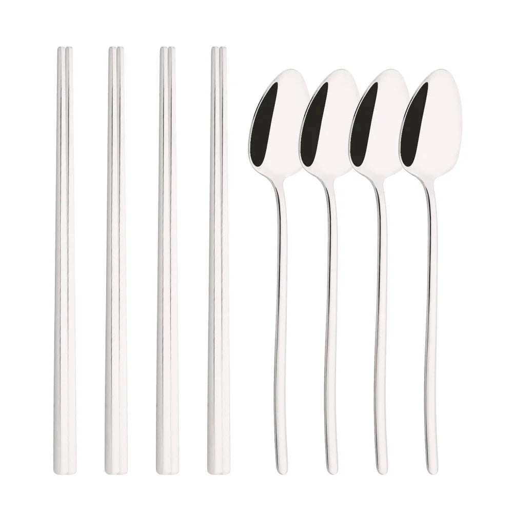 Korean 8Pcs Tableware Set High Quality Stainless Steel Dinner Set Black Gold Luxury Dinnerware Spoon Chopsticks Cutlery Set