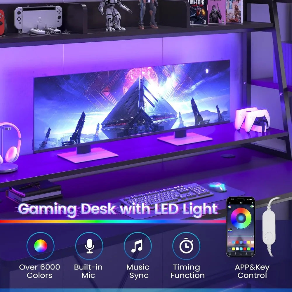 Gaming Desk 78.8'' with LED Lights, Hutch and Storage Shelves, Computer Desk with Monitor Stand, Large PC Gamer Desk Workstatio