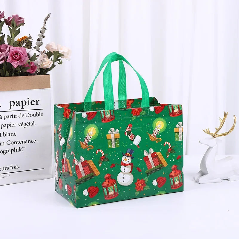 1PC New in Christmas Gift Bags Cartoon Cute Print Santa Elk Snowman Printing Non Woven Foldable Storage Handbag Party Supplies
