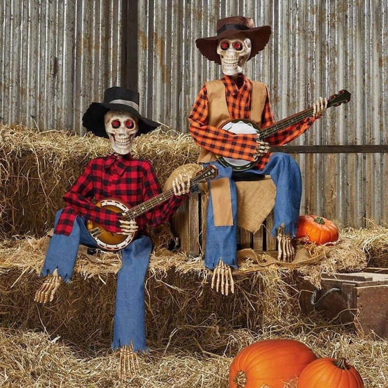 Halloween Fun Skull Playing Guitar Luminous Ornament Room Decor Farmhouse Skeleton Sculpture Christmas Decoration Gift 2024