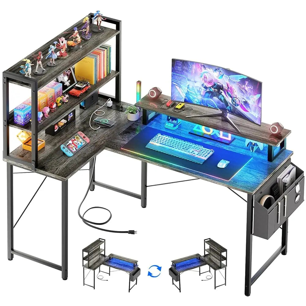 L Shaped Computer Desk With Bookshelf, 47 H Reversible Corner Gaming Desk With Charging Station & Led Light, Home Office Desk