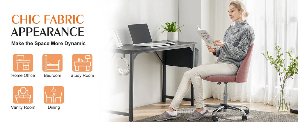JHK Armless Small Desk Office Chair Cute Vanity Swivel Chair with Back Modern Fabric with Wheels Swivel Task Home Gaming Chair