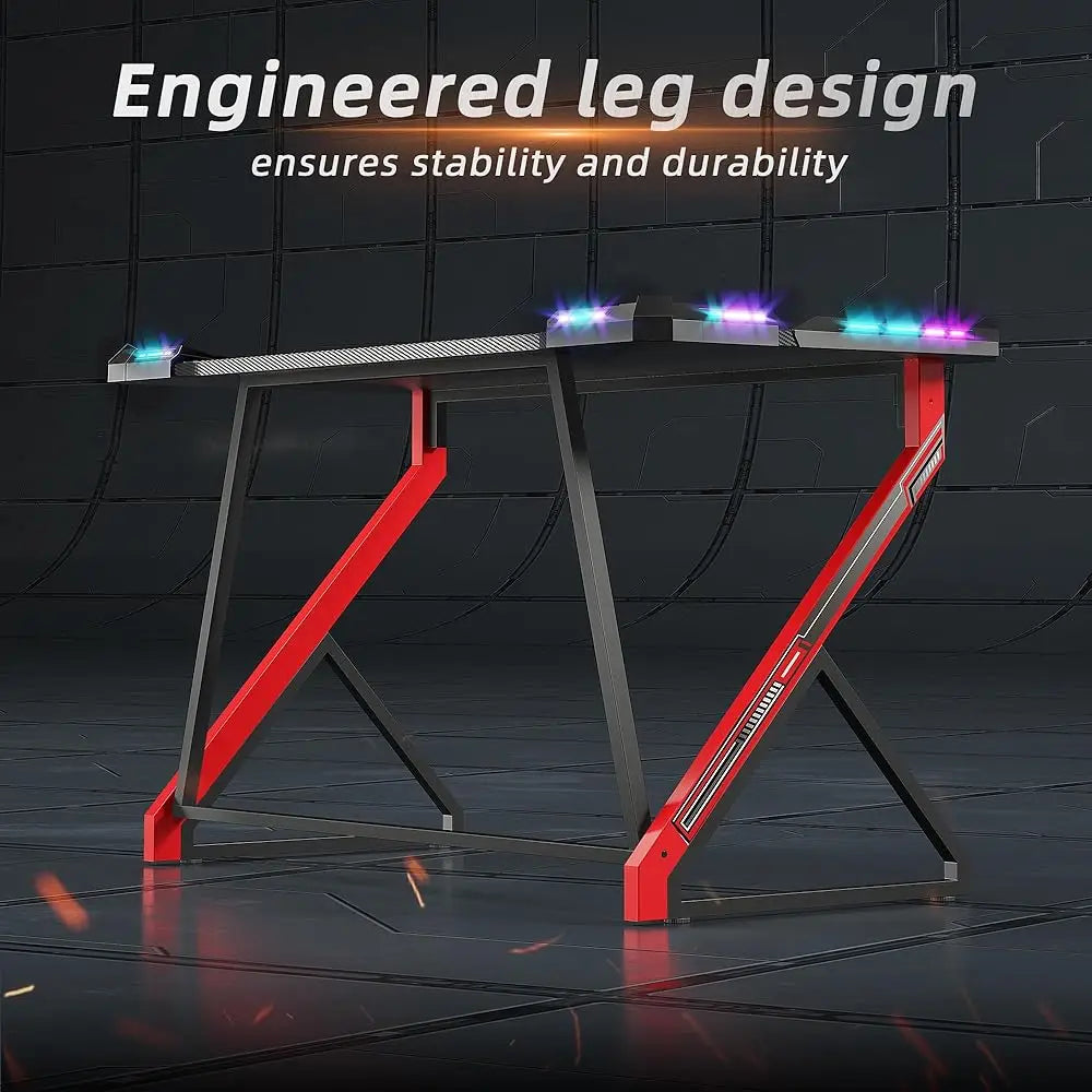 Gaming Desk With Led Lights, 40 H Computer Desk Z Shaped Gamer Workstation, Gaming Table With Carbon Fiber Surface, Pc Gamer