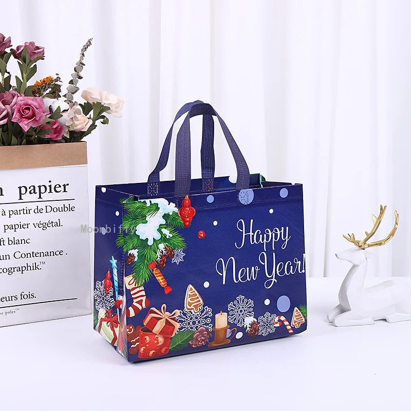 1PC New in Christmas Gift Bags Cartoon Cute Print Santa Elk Snowman Printing Non Woven Foldable Storage Handbag Party Supplies