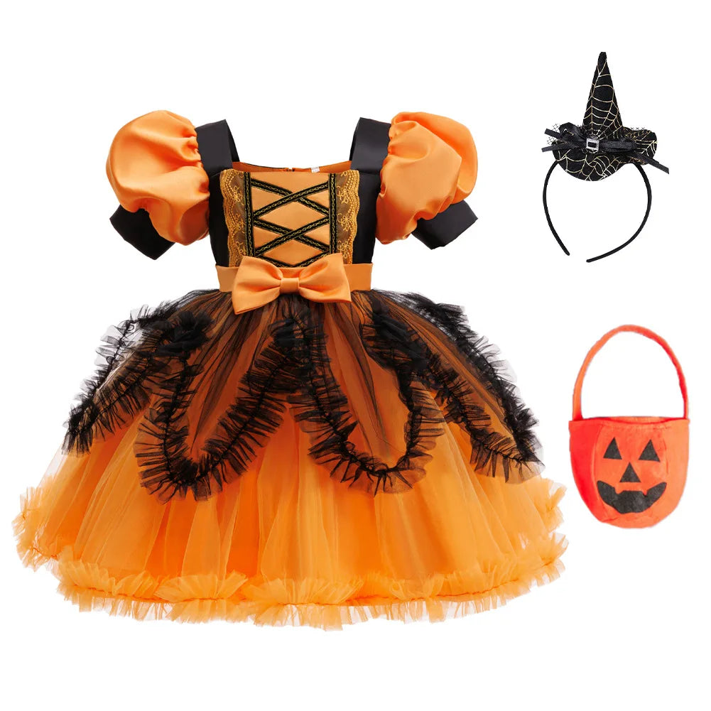 Halloween costume girl cosplay performance kids dress orange dress+pumpkin full set of special occasion costumes