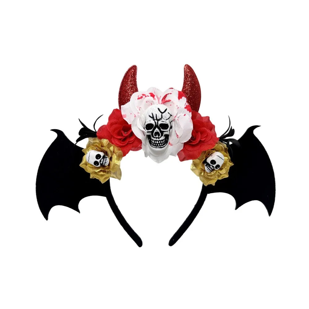 Gothic Skull Head Hair Hoop Simulation Flowers Bat Halloween Skull Headband Dark Decor Day of The Dead Hairband Girls/Children