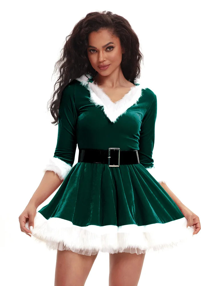 New Fashion Women Half Sleeve Solid Popular Ladies Santa Claus Xmas Theme Costume Cosplay Outfit Waistbelt Fancy Christmas Dress