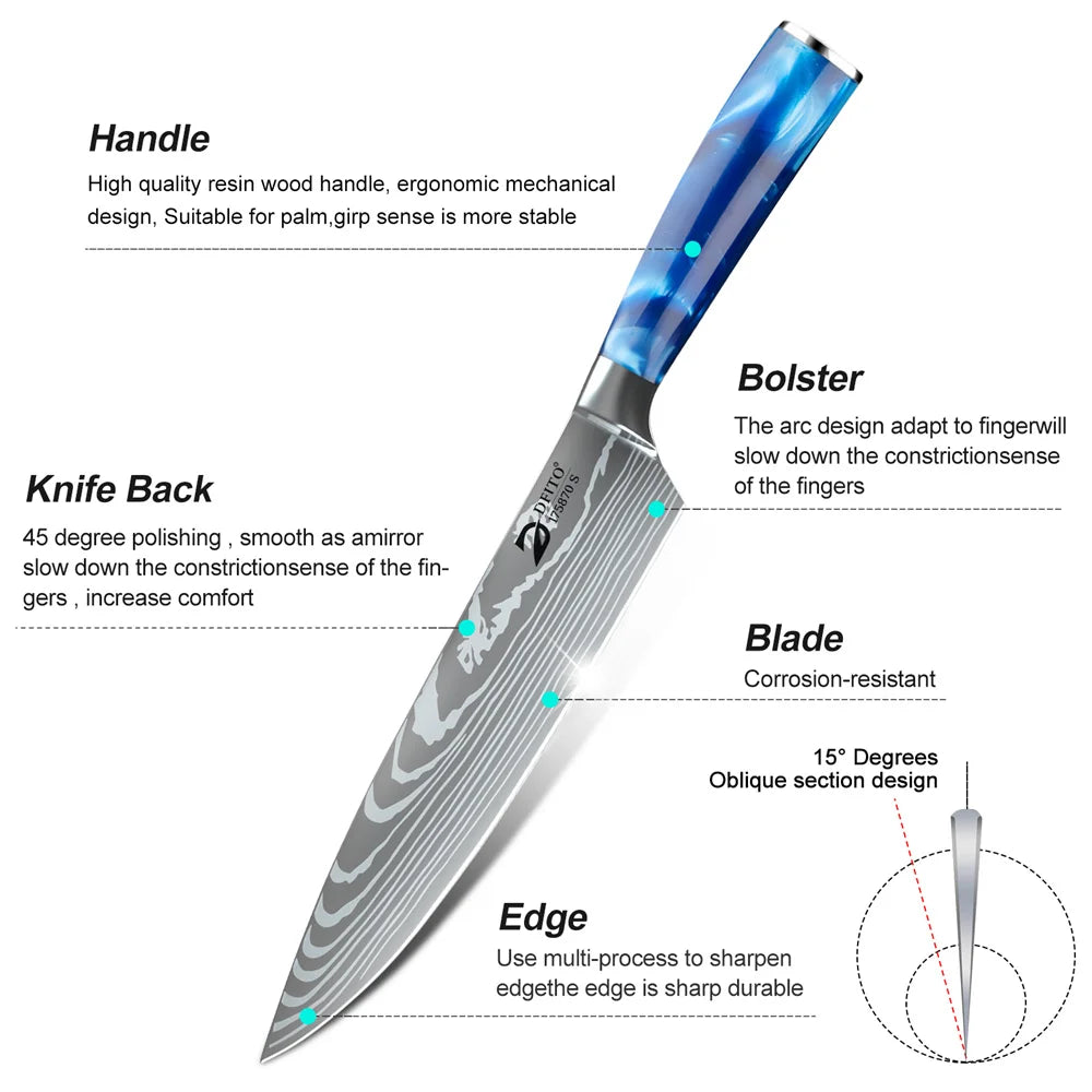 MDHAND 8pcs Kitchen Knife Damascus Stainless Steel Chef Knife Utility Paring Boning Cleaver Slicing Santoku Knives Nylon Bag
