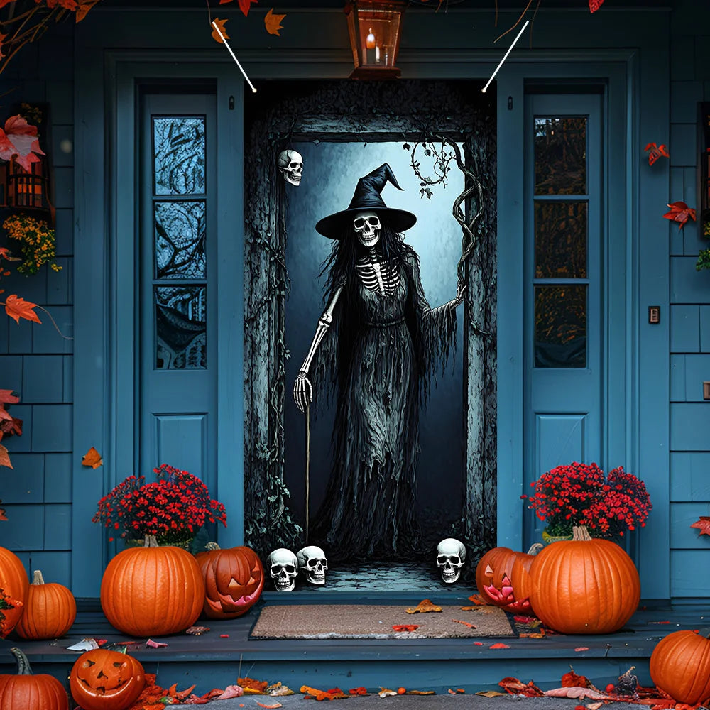 Halloween decoration party banner, terrifying skull Witch pattern polyester Halloween door hanging - Halloween party