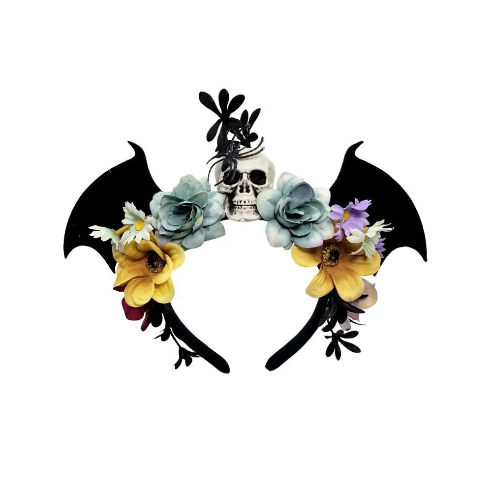 Dark Skull Head Headband Halloween Decor Bat Halloween Skull Headband Simulation Flowers Gothic Day of The Dead Headband Party