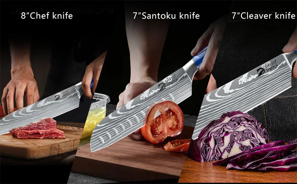 MDHAND 8pcs Kitchen Knife Damascus Stainless Steel Chef Knife Utility Paring Boning Cleaver Slicing Santoku Knives Nylon Bag