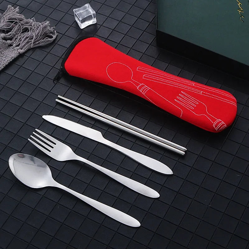 4Pcs Set Stainless Steel Dinnerware Portable Knifes Fork Spoon Family Camping Steak Cutlery Set Tableware with Bag Vajilla