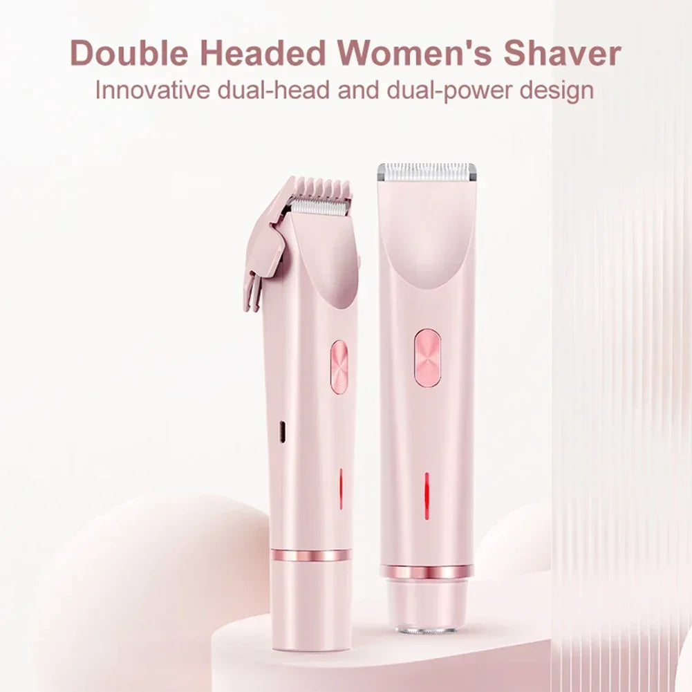 Women Electric Razors 2 in 1 Dual-Head Painless Bikini Trimmer Wet Dry Use for Ladies Pubic Hair Detachable Head Electric Shaver
