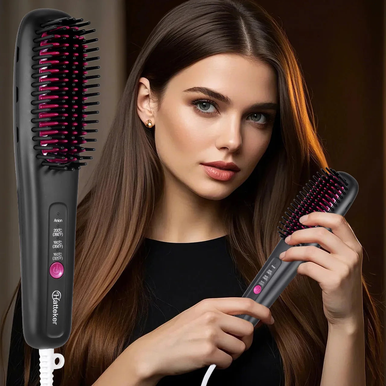 Hair Straightening Brush Portable Home Negative Ion Straightener with Multi-Heat Settings 3-Temp Ceramic Damage-Free Styling