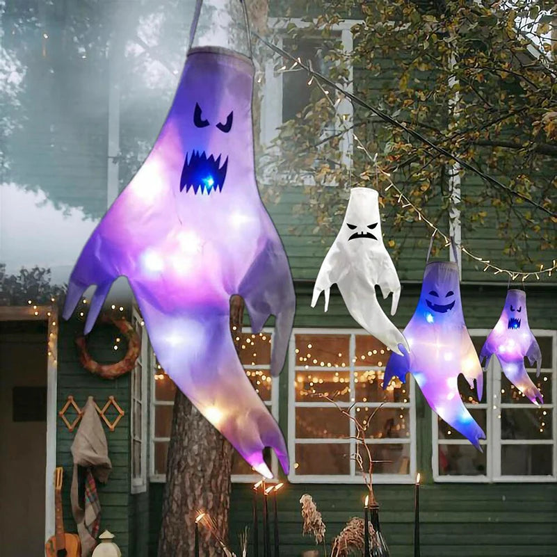 Halloween Ghost Hanging with LED Light Spooky Ghost Flag Indoor Outdoor Prop Decoration Tree Pendant Ornament Party DIY Supplies