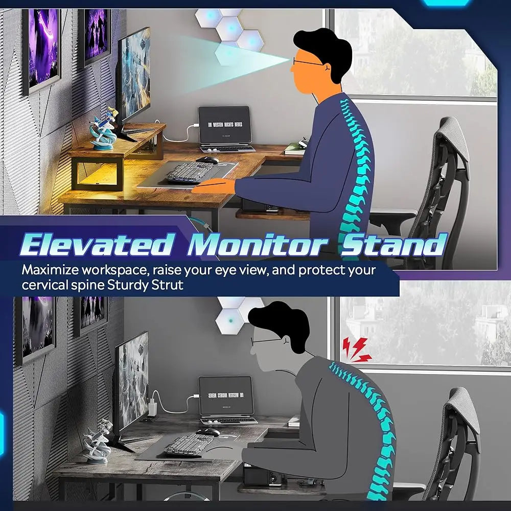 Gaming L Shaped Desk With Power Outlets & Led Lights, 47Inch Computer Desk With Monitor Stand & Hook, Corner Home Office