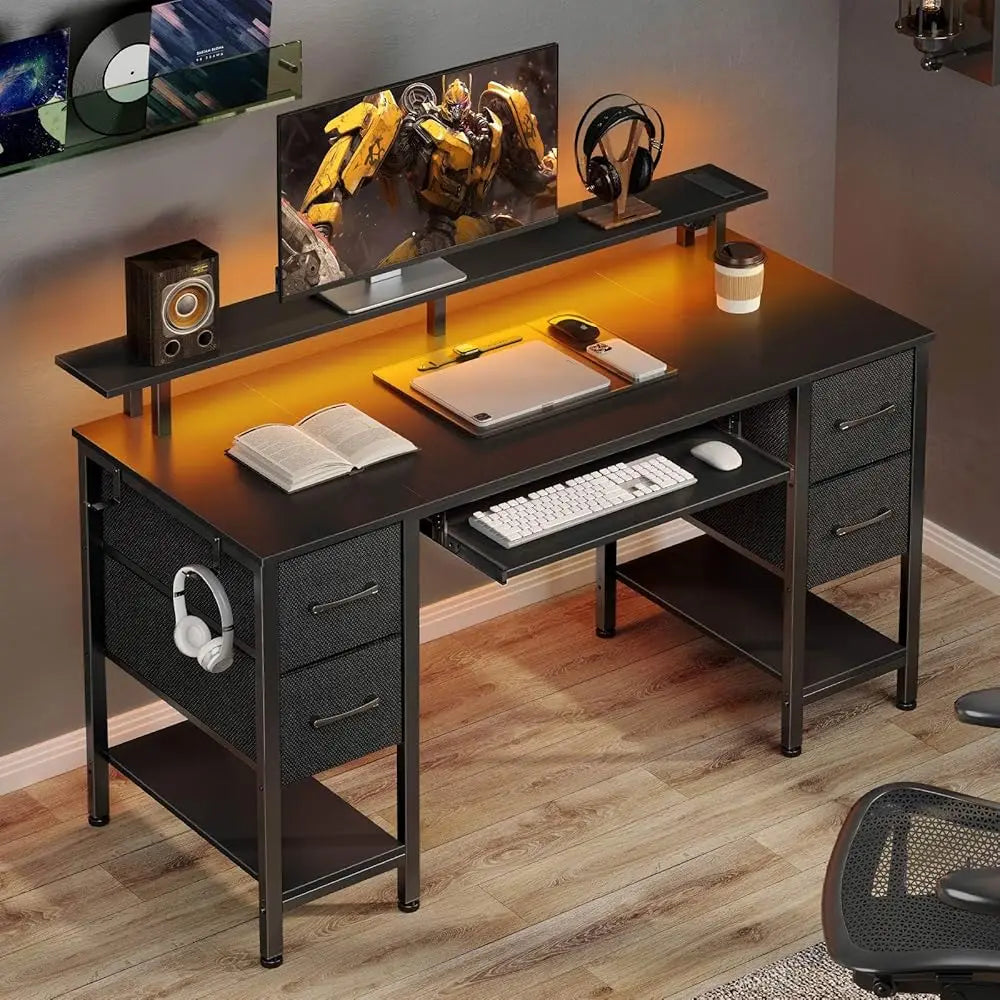 Computer Desk 47.2"" With Led Lights & Power Outlets, Home Office Desk With 4 Drawers, Writing Desk With Keyboard Tray, Study