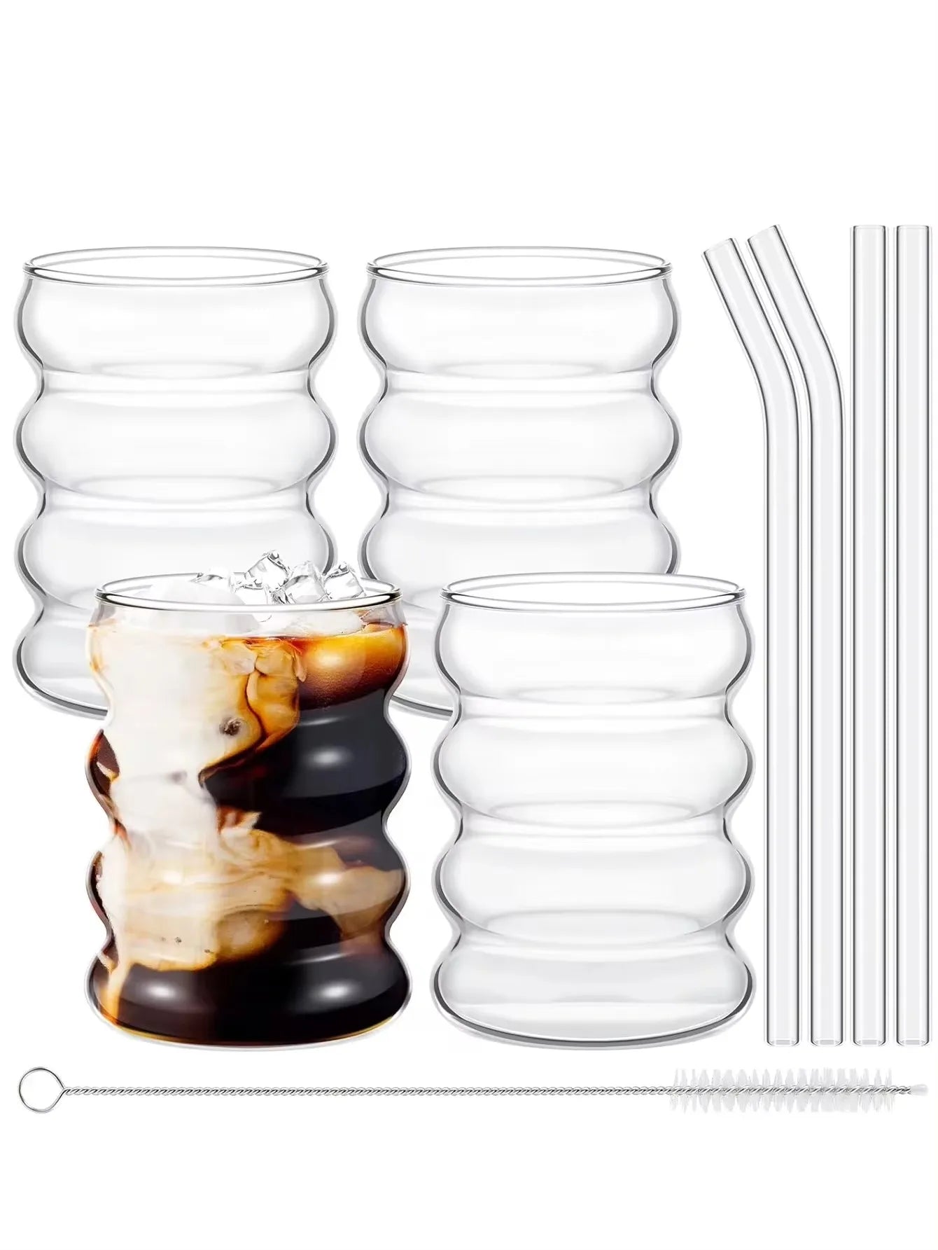 2/4PCS Wave Shape Beverage Glasses With Straws Vintage Glass Cups Ripple Drinking Glasses for Wine Champagne Milk Coffee Cup