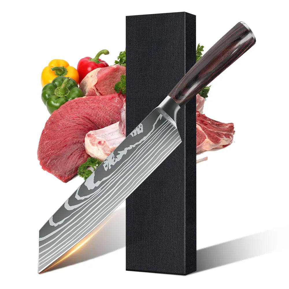 MDHAND 1-10PCS Chef knife Japanese Kitchen Knives Set Professional Laser Damascus Pattern Stainless Steel Cleaver Slicer Knife