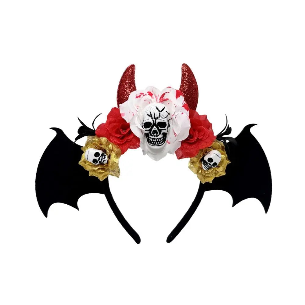 Gothic Skull Head Hair Hoop Simulation Flowers Bat Halloween Skull Headband Dark Decor Day of The Dead Hairband Girls/Children