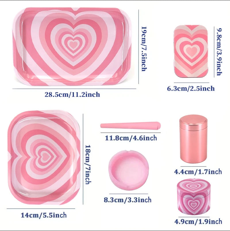 7pcs/set Pink Love Pattern Smoking Set Metal Rolling Tray Tobacco Herb Herbal Grinder Ashtray Tin Box Gifts  Smoking Accessory