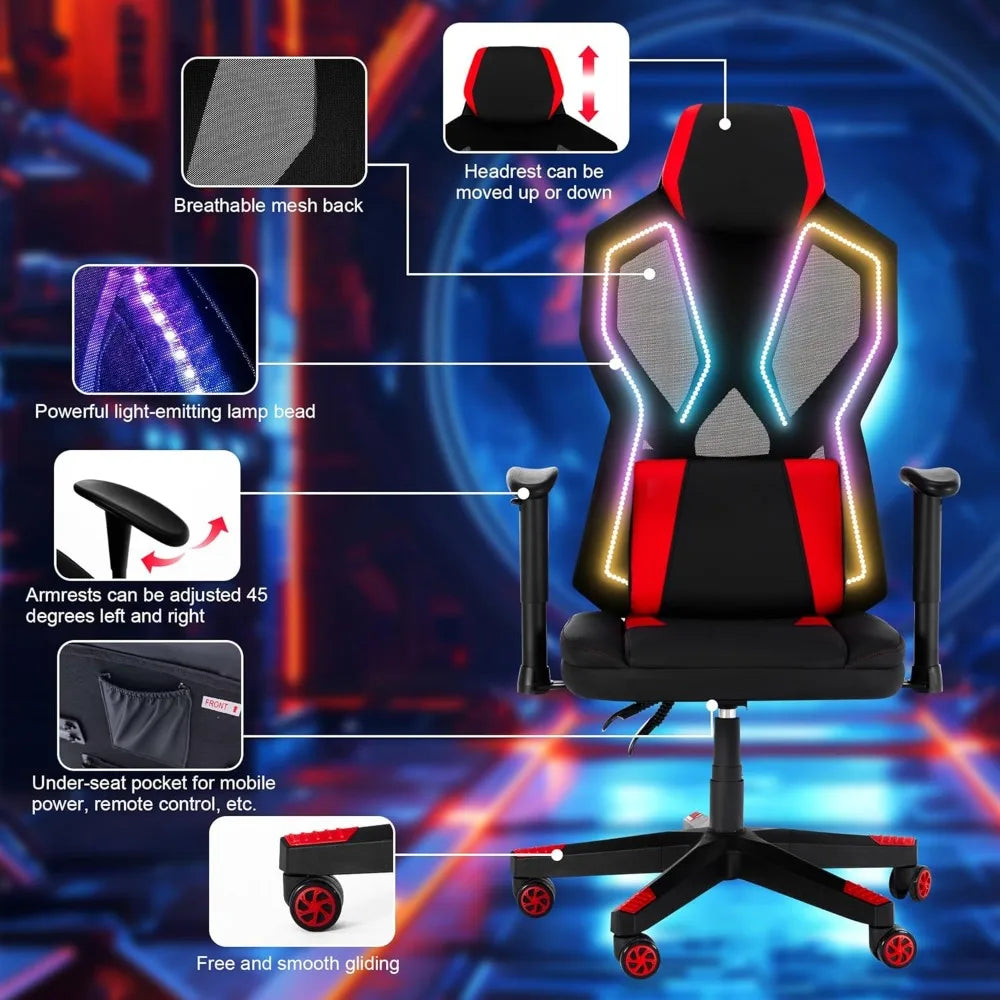 Gaming Chair with RGB LED Lights, Video Game Chair Ergonomic Computer Gamer Chair with Massage Lumbar Support (Red)
