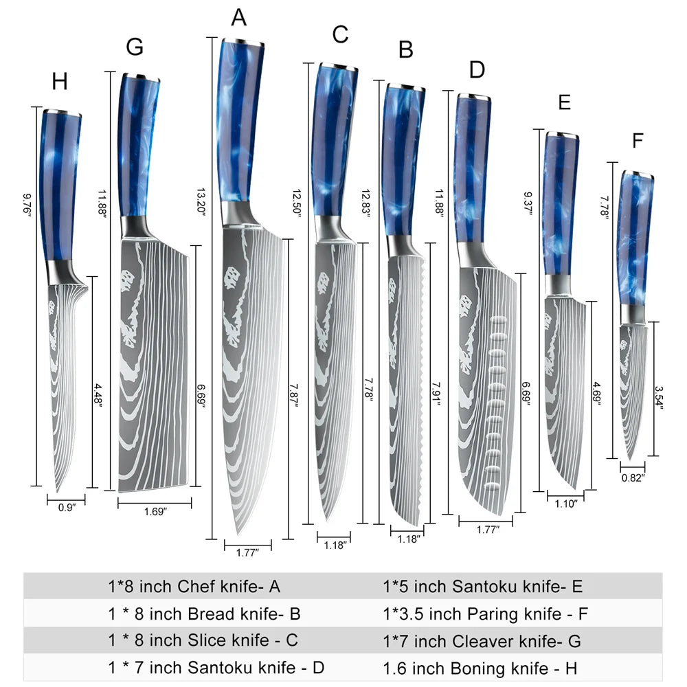 MDHAND 8pcs Kitchen Knife Damascus Stainless Steel Chef Knife Utility Paring Boning Cleaver Slicing Santoku Knives Nylon Bag