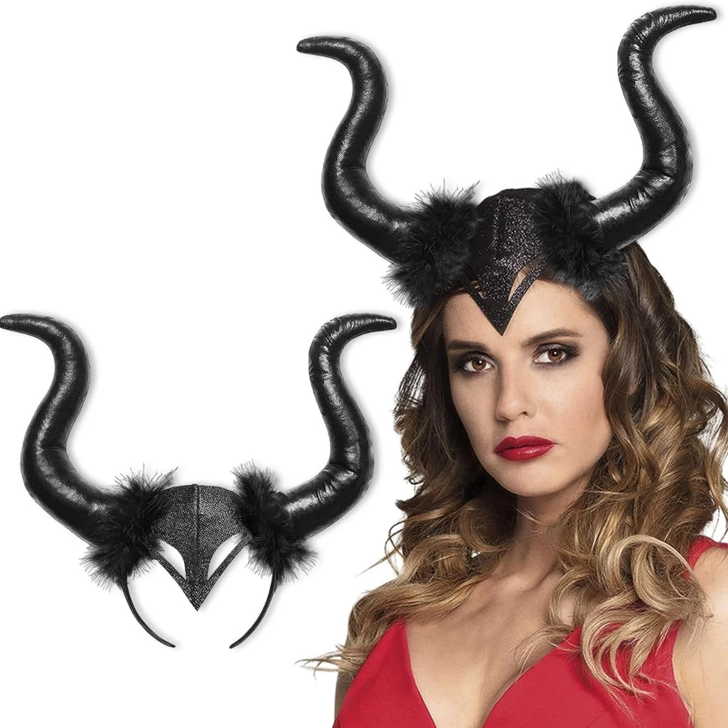 1PC Bull Horns Headband with Fur, Black, Halloween Party Cosplay Prop, Stylish Costume Decoration
