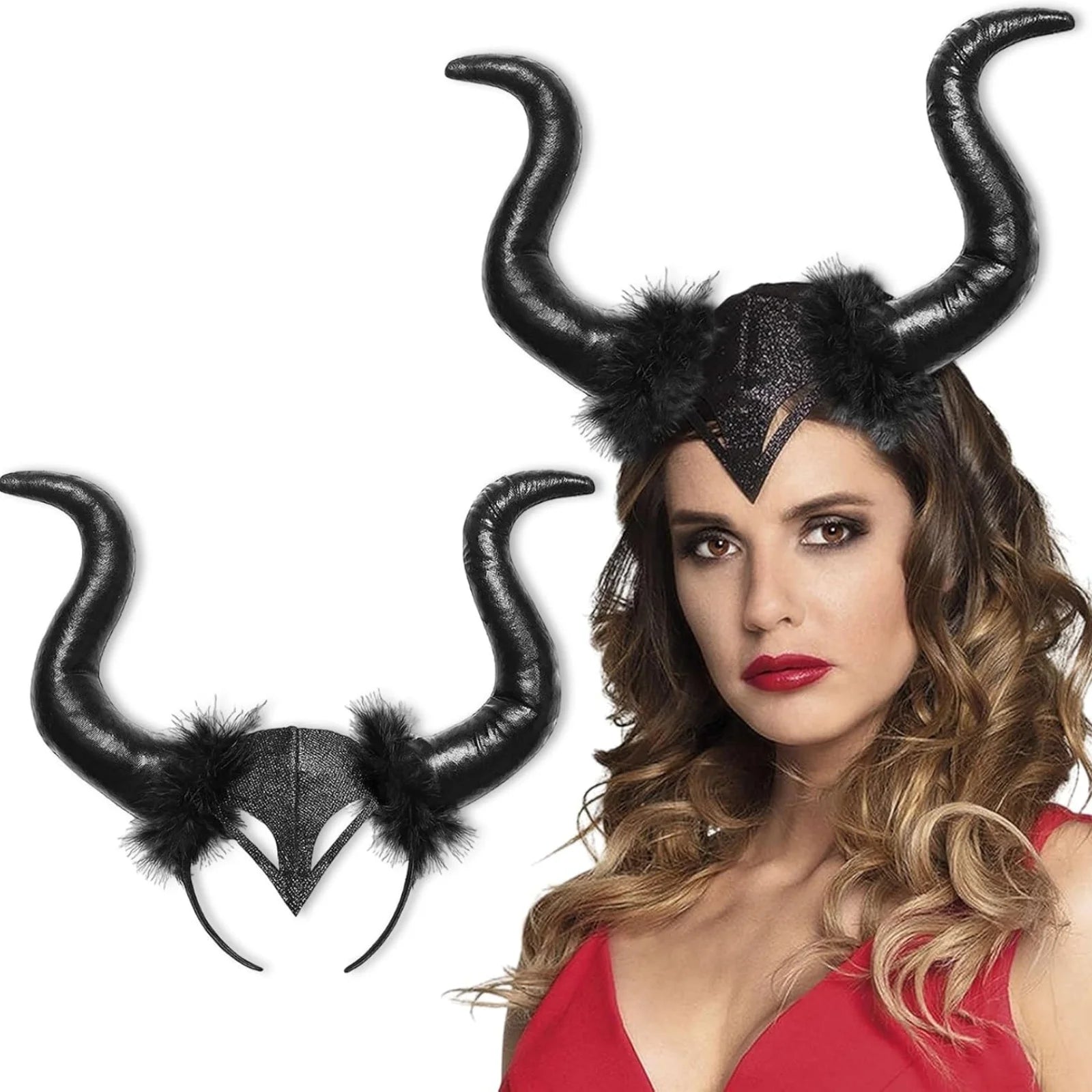 1PC Bull Horns Headband with Fur, Black, Halloween Party Cosplay Prop, Stylish Costume Decoration
