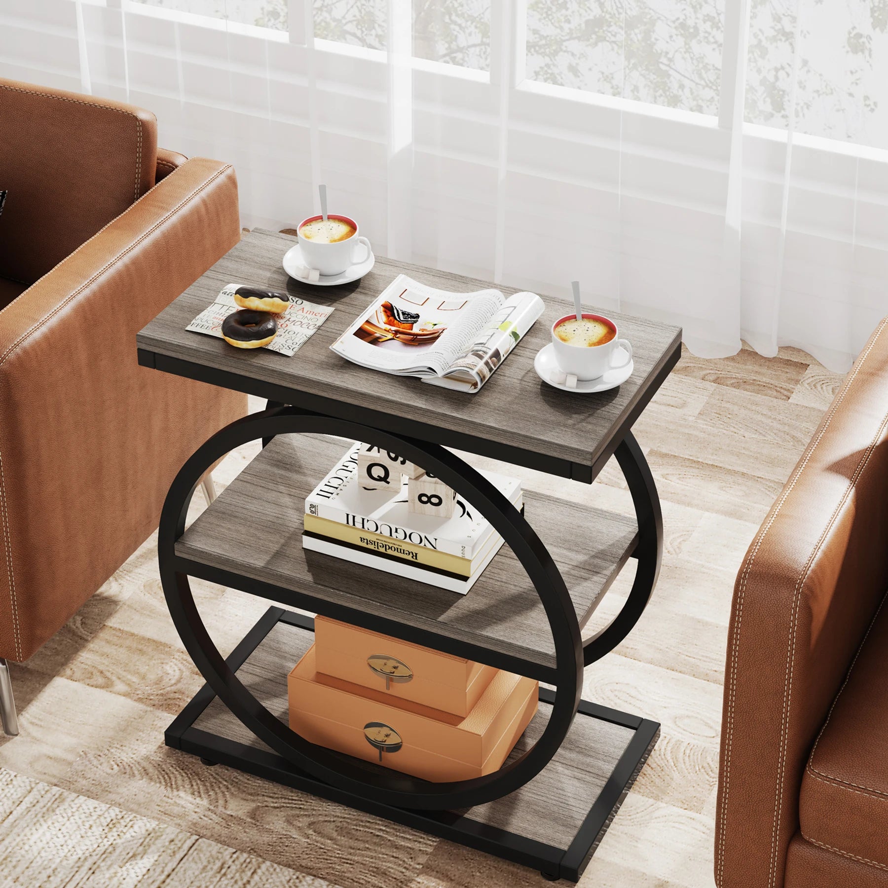 Tribesigns End Table, Narrow End Table with 3 Storage Shelves, Wooden Side Table, Industrial Small Sofa Side Table